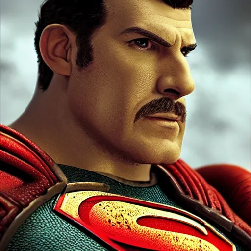 Prompt: portrait of luigi as superman in gears of war, splash art, movie still, detailed face, photorealistic facial features, cinematic lighting, dramatic, octane render, long lens, shallow depth of field, bokeh, anamorphic lens flare, 8 k, hyper detailed, 3 5 mm film grain