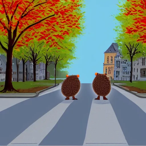 Image similar to 2 hedgehogs walking across the street next to eachother in Bruges, Belgium, in the style of shinji aramaki, autumn, evening, romantic