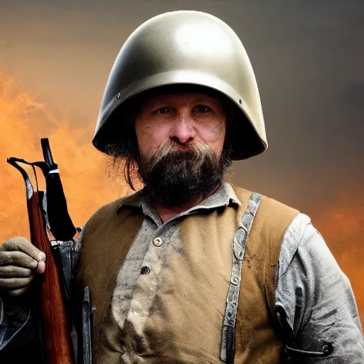 Prompt: Photo of a man wearing a combat helmet on his head holding a musket, postapocalyptic