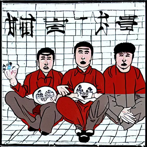 Image similar to uyghur men in a prison, in the style of daniel johnston and outsider art, 4k, overlaid with chinese text