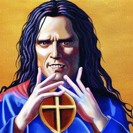 Image similar to tommy wiseau jesus break dances on the water, biblical, oil painting, sunny, beautiful