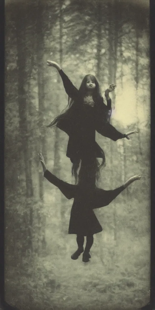 Image similar to old polaroid photo of a young witch girl floating in the air with her arms outstretched in a forest, long hair hanging down. dark and spooky, muted colours, flash photography, young face