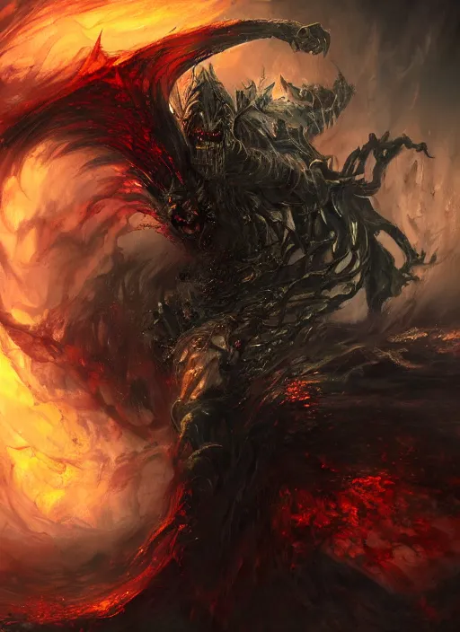 Prompt: powerful undead litch, dark souls boss, magic swirling, painted by raymond swanland