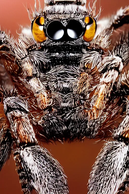 Image similar to 8mm extremely detailed macro photography of a jumping spider playing drums, realistic, 8k, colorful, national geographic, detailed