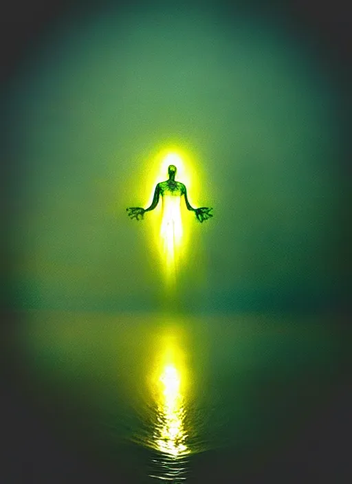 Image similar to “translucent frog body vertically hovering over misty lake waters in jesus christ pose, low angle, long cinematic shot by Andrei Tarkovsky, paranormal, eerie, mystical”