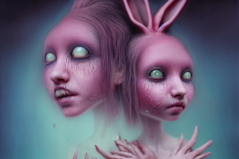 Image similar to Keeping you sane, And you fade away just enough, You felt the edge again, You took two pills And you fell asleep, Hugging six rabbits And having pink nightmares, concept art, trade on artstation, sharp focus, psychedelic, by Yoshitaka Amano, Mark Ryden, Zdzisław Beksiński, Gloom, Extremely high detail, realistic, fantasy art, masterpiece, Hyperrealism. Subsurface scattering. Octane Render. Weirdcore