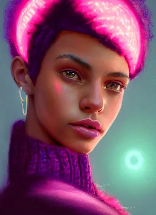 Image similar to portrait of teenage vanessa morgan with bright pink hair, black girl, curly pixie cut hair, wearing a purple breton cap, breton cap, hoop earrings, intricate, elegant, glowing lights, highly detailed, digital painting, artstation, concept art, smooth, sharp focus, illustration, art by wlop, mars ravelo and greg rutkowski