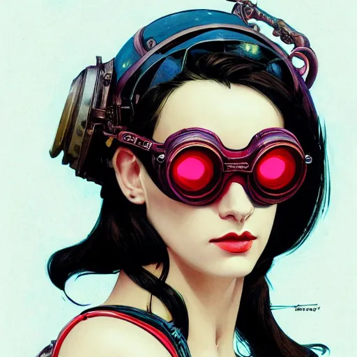 Image similar to a head and shoulders portrait of a dark haired woman, neon, retro, steampunk, goggles, smooth, sharp focus, intricate, artstation, detailed concept art by Rutkowski and Mucha and sky sewa and Marc Simonetti