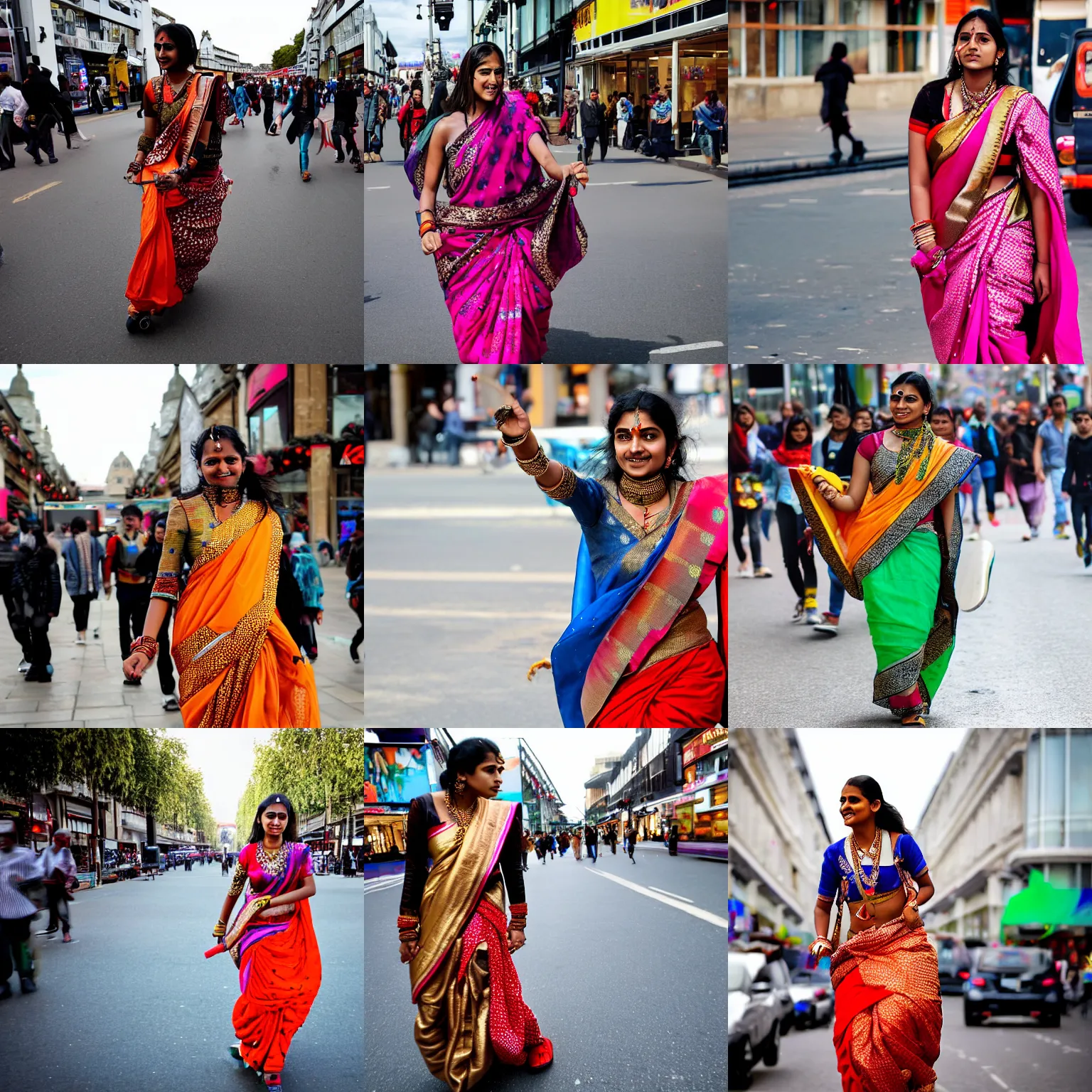 Prompt: A young Indian woman, wearing an extravagant sari, on a skateboard in Oxford Street