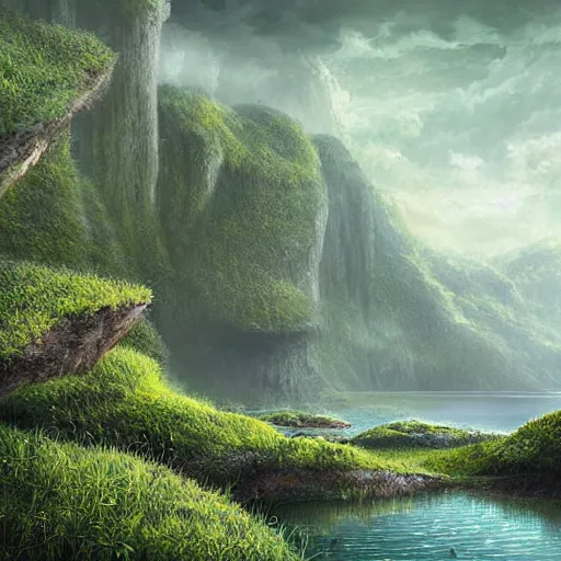 Image similar to digital art of a lush natural scene on an alien planet by michal klimczak ( shume ). extremely detailed. science fiction. beautiful landscape. weird vegetation. cliffs and water.