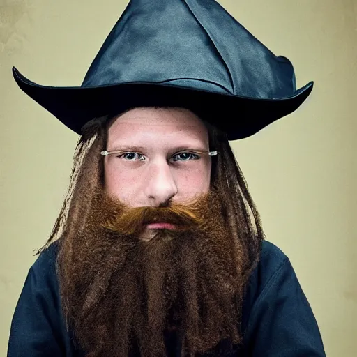 Image similar to photograph of a five year old boy wizard, beard, wizard hat by annie leibovitz, long hair