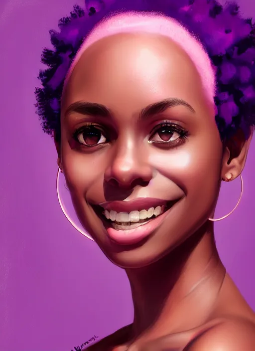 Image similar to portrait of vanessa morgan, black teenage girl, pink curly pixie cut hair, purple cap, hoop earrings, subtle confident smile, intricate, elegant, glowing lights, highly detailed, digital painting, artstation, concept art, sharp focus, illustration, art by wlop, mars ravelo and greg rutkowski