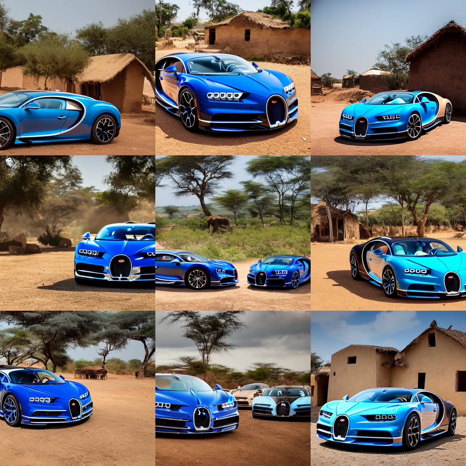 Prompt: Bugatti Chiron in an African village