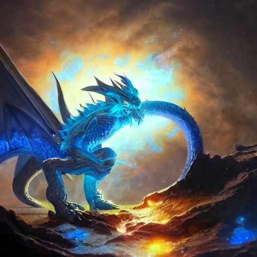 Prompt: prompt blue crystalline dragon, European dragon, devouring a planet, space, planets, moons, sun system, nebula, oil painting, by Fernanda Suarez and and Edgar Maxence and greg rutkowski