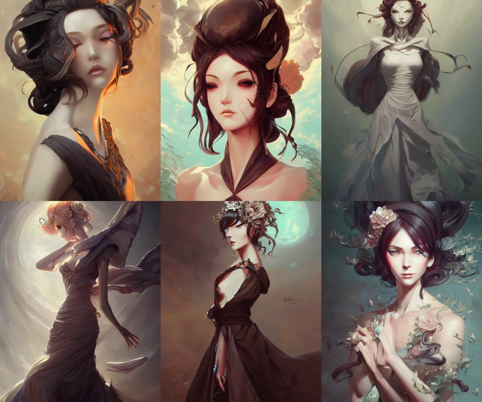 Prompt: anime portrait, intricate, elegant dress, digital painting, artstation, art by artgerm and peter mohrbacher and android jones