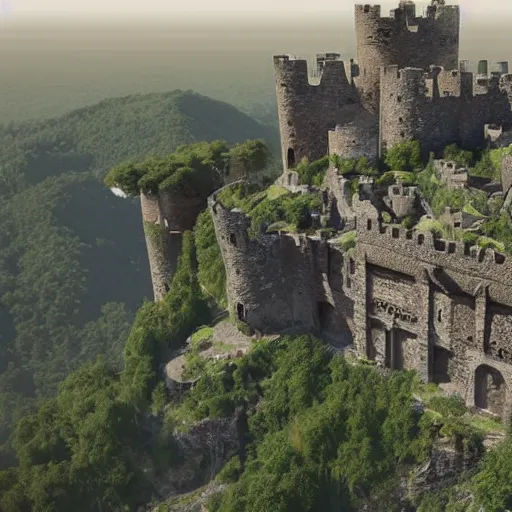 Prompt: Landscape of an ancient castle on top of a mountain, ultra-detail, unreal engine, forest, realistic, beautiful, super detailed, realistic, unreal engine render