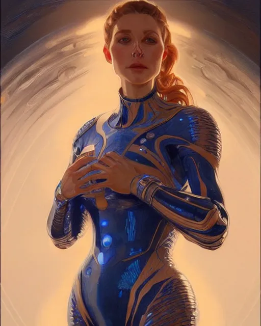 Image similar to portrait of renee boling, spacesuit, blue eyes, real life skin, intricate, elegant, highly detailed, artstation, concept art, smooth, sharp focus, art by artgerm and greg rutkowski and alphonse mucha