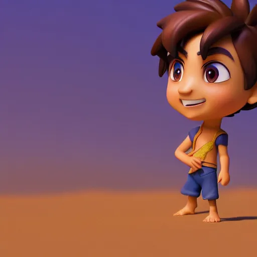 Image similar to profile view of young aladdin as nendoroid walking in a desert in the croods movie style, anime, disney, pixar, 8 k, hd, dof, kodak film, volumetric lighting, subsurface scattering, photorealistic, octane render, details