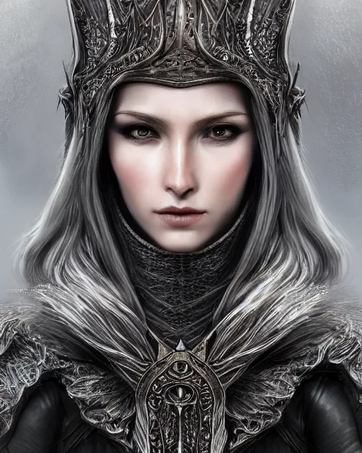 Image similar to highly detailed sharp photorealistic portrait of a beautiful female hunter with shimmering hair, symmetrical face and eyes, dressed in intricate silver, cgsociety, Elden Ring, Dark Souls, Bloodborne