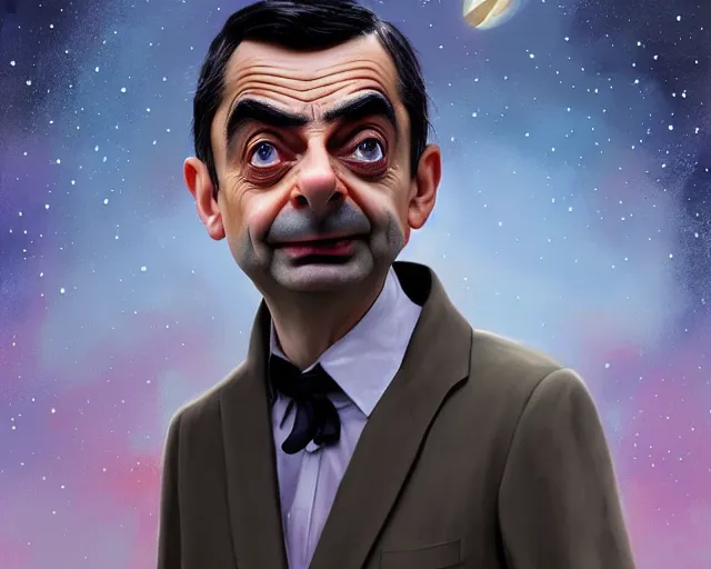 Prompt: mr. bean in a space suit, deep focus, fantasy, intricate, elegant, highly detailed, digital painting, artstation, concept art, matte, sharp focus, illustration,