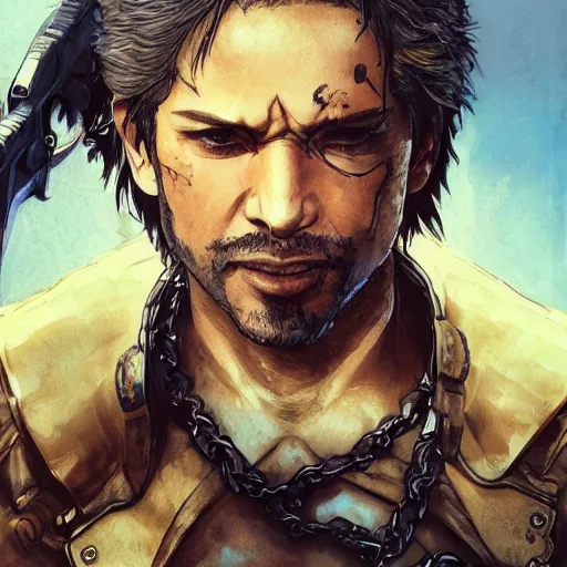 Prompt: portrait of a hero holding his sword in front of his face by yoji shinkawa, high quality, extra details, realism, ornate, colored, golden chain, blood, white skin, short hair, brown eyes, vivid, sunlight, dynamic, american man, freedom