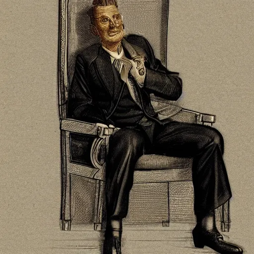 Prompt: a rich business man sitting in a big chair with a smirk, futuristic, by francisco pradilla y ortiz
