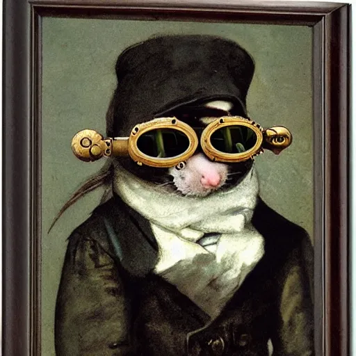 Prompt: a rat with steampunk googles, by GUSTAVE COURBET