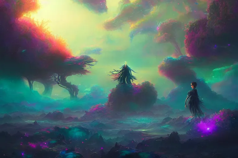 Image similar to a psychedelic realm at the edge of the known universe, astral beings sharing love!!!!, in the style of greg rutkowski! and wlop and lisa frank! and bob ross!!! and ruan jia, illustration, epic, fantasy, hyper detailed, smooth, unreal engine, sharp focus, ray tracing