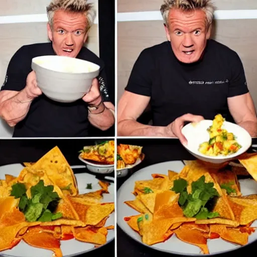 Prompt: Gordon Ramsey reacting to very very extremely delicious nachos expertly arranged and presented