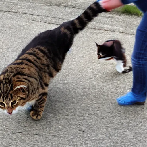 Prompt: human sized cat chasing cat sized human