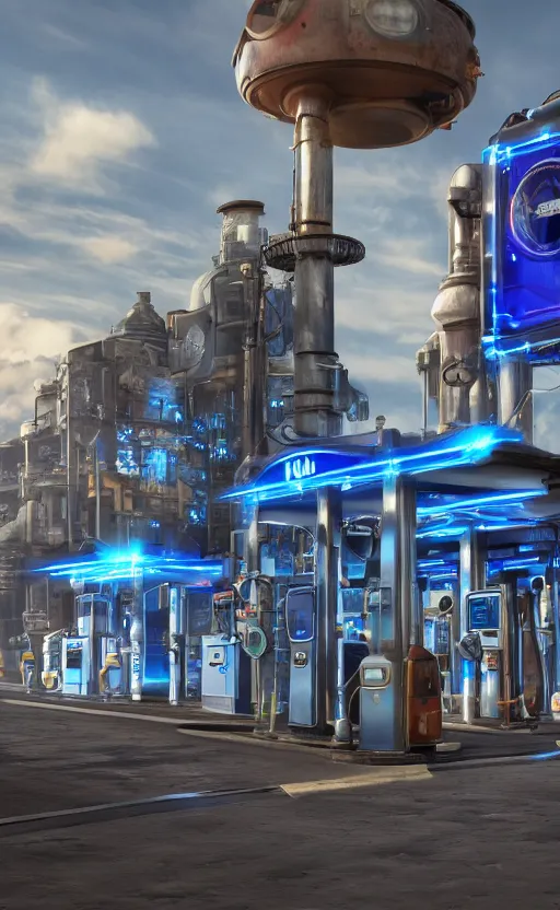 Image similar to steampunk gas station in space, 4 k, polished, photorealistic, hard edges, zoomed in, very coherent, sharp focus, rim light, exquisite lighting, blue gradient, hard edges, sci - fi, cinematic, octane render