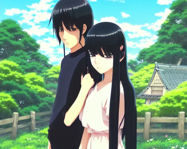 Image similar to beautiful anime girl with long black hair and bangs, two beautiful anime guys with black hair, wearing black clothes, siblings, fine details portrait, Japanese village background, bokeh. anime masterpiece by Studio Ghibli. illustration, sharp high-quality anime illustration in style of Ghibli, Ilya Kuvshinov, Artgerm