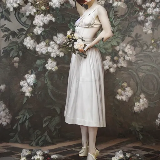 Image similar to Young lady full length shot wearing valentino resort simple sleeveless dress pale grey and white flowers in the style of baroque cyberpunk oil painting standing inside lourve, 8K, background renaissance paintings with gold