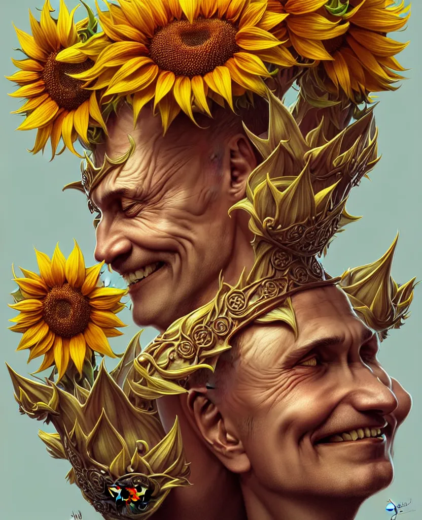 Image similar to digital art, centered full body of Putin smiling king, Sunflower crown, ,intricate, veins, by James Jean and by artgerm , by ross tran ultradetailed, charachter design, concept art, trending on artstation,