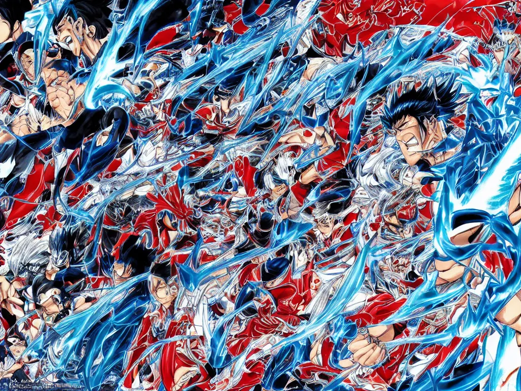 Prompt: beautiful manga double spread illustration of a hero with ice powers by yusuke murata, double spread
