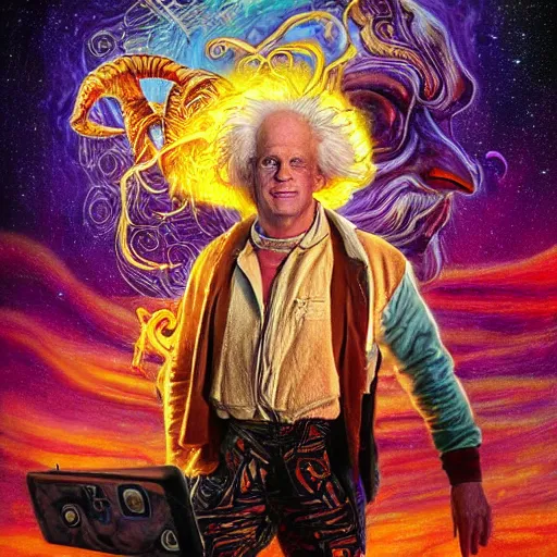 Image similar to doc emmett brown by josephine wall, scientist riding ram, flying ram, golden ram, scientist checking his phone, erupting volcano in distance, flowers in foreground, sun setting on right side of image, stars in sky on left side of image, trending on artstation, fantasy, intricately detailed