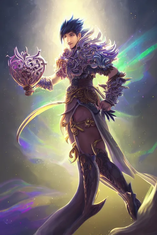 Image similar to fullbody portrait of a male fit hero with strange hairs, soft smile, baroque cloth, luminous scene, final fantasy and league of legends champion, by chengwei pan and sakimichan, gradient white to gold, in front of an iridescent magical building background, highly detailed portrait, digital painting, smooth, focus illustration