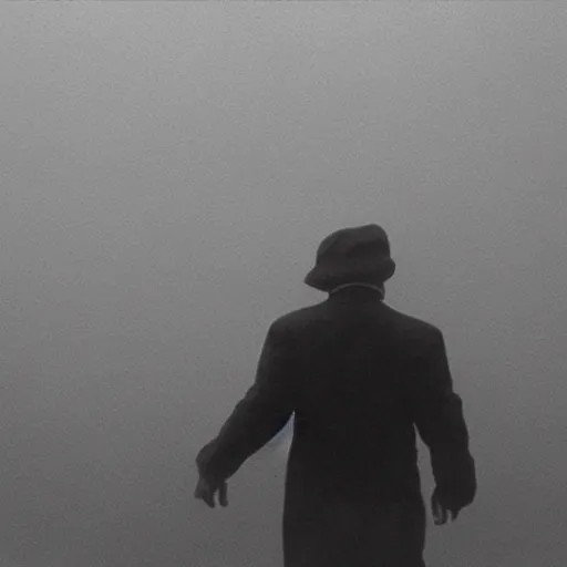 Prompt: a man in the fog with a starfish monster emerging above, 1950s Korean film noir in the style of Orson Welles