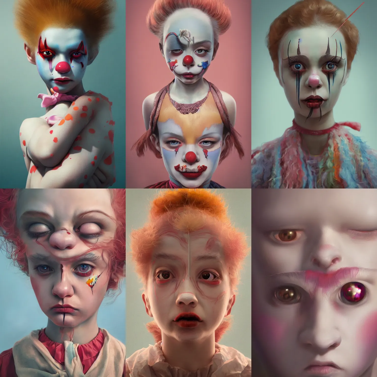 Prompt: breathtaking detailed painting of clown girl , with anxious, piercing eyes, art by Hsiao-Ron Cheng, hyperrealistic, octane render