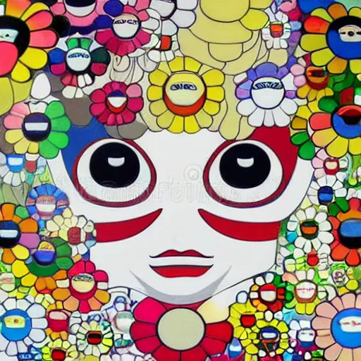 Image similar to melancholic by takashi murakami. the illustration is an abstract portrait of a woman. the woman's face is divided into two halves, one half is black & the other is white. the woman's eyes are large & staring. the illustration is full of energy & movement.