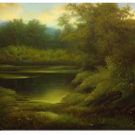 Image similar to will o'the wisp at twilight floating over a clearing in the forest next to a pond, highly detailed, oil painting