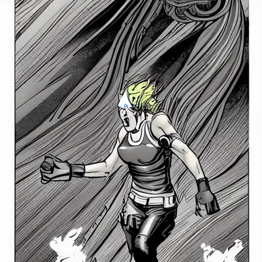 Image similar to comic book page of retrofuture tattooed stoic heroic emotionless dirty butch blonde woman engineer with very short messy dirty hair, full body, fighting in an alien arena, tentacles, rough paper, sci fi, behance hd