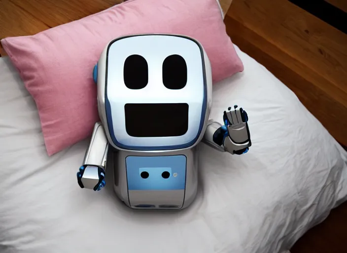 Prompt: a cute robot tucked into bed