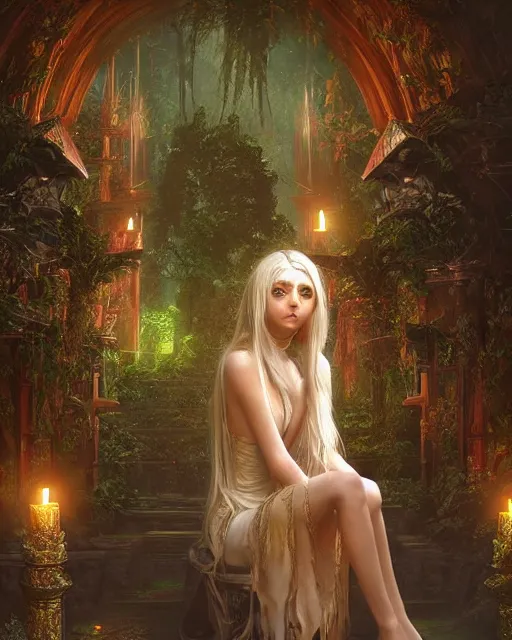 Image similar to Beautiful art portrait of taylor momsen as a fantasy priestess in a bright temple surrounded by lush forest, atmospheric lighting, intricate detail, cgsociety, hyperrealistic, octane render, RPG portrait, ambient light, dynamic lighting