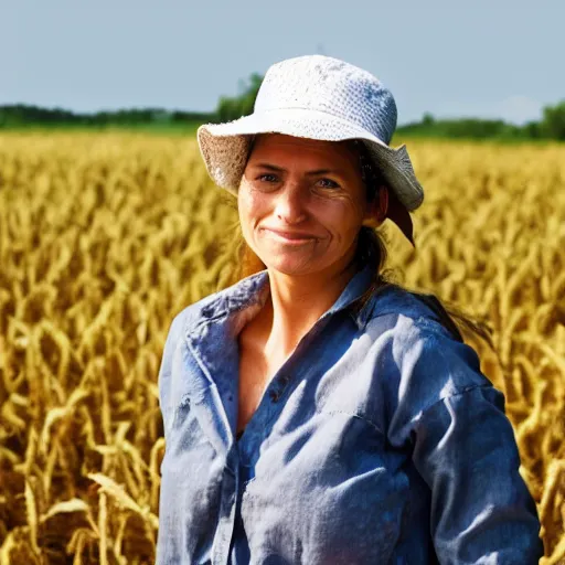 Prompt: portrait, a hardworking female farmer, ragged clothes, standing in a field