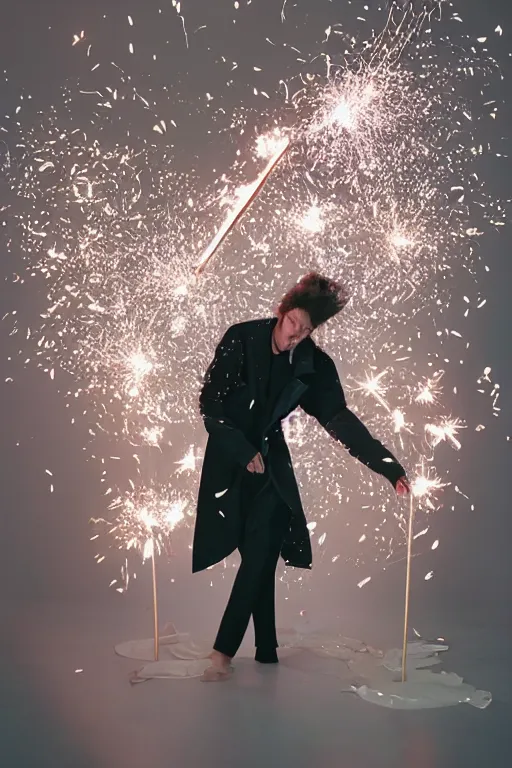 Image similar to margiela campaign featuring artist ben schumacher blowing out all the candles on the birthday cake, sparklers, realistic vfx simulation