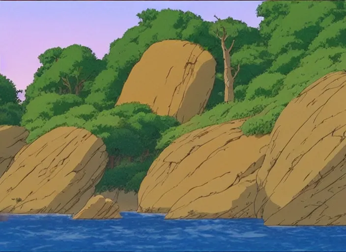 Image similar to bathed in sun, pleasing appealing smooth flat rocky environment sunningrocks by the river's shore, forest clearing, still placid environment matte painting from studio ghibli and the fox and the hound ( 1 9 8 1 )