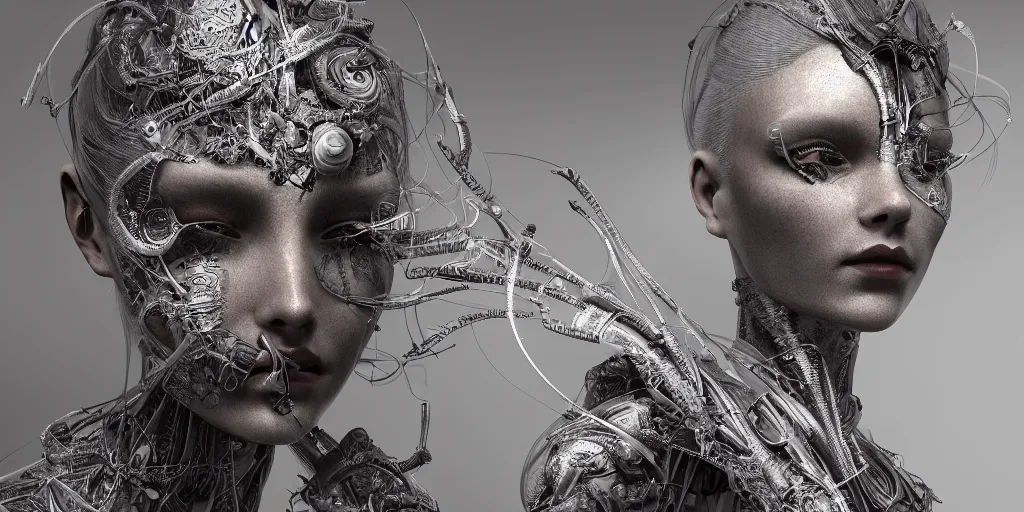 Image similar to hyper realistic photography of a stunningly beautiful cyborg female, intimate, holding close, ribbon, razors, in the style of beth cavener, jin kagetsu,, and wlop, highly detailed, intricate filigree, symmetry, masterpiece, award winning, sharp focus, concept art, highkey lighting, ambient lighting, octane render, 8 k, artstation