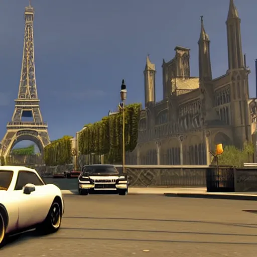 Prompt: promotional screenshot of grand theft auto videogame set in paris