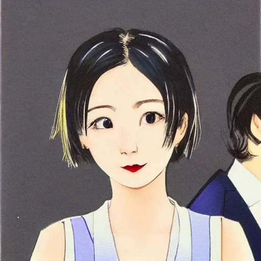 Prompt: a pretty young girl of 2 5, japanese, with big eyes, short shoulder - length hair and a suit ， by tiv